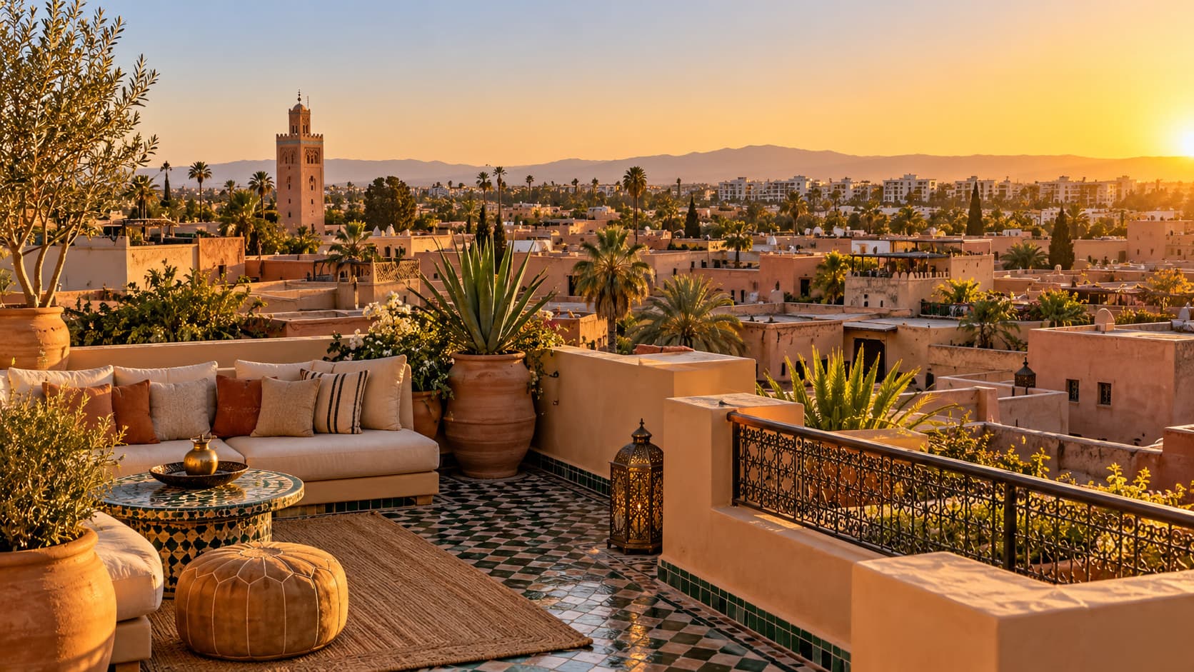 Rooftop terrace at golden hour over a Moroccan medina with ochre riad rooftops in the foreground and modern apartment buildings on the horizon