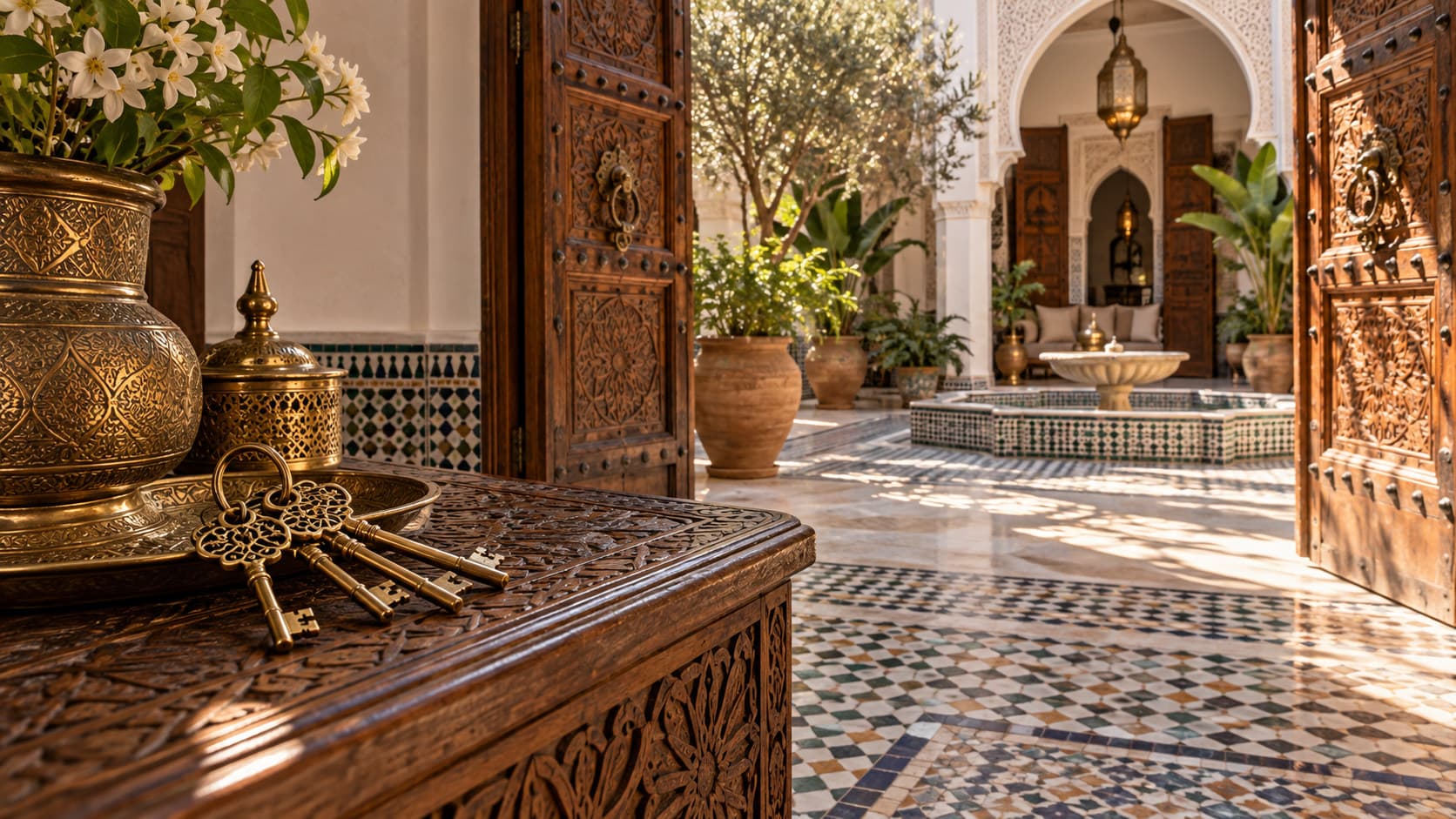 Ornate brass keys resting on a carved wooden table in a sunlit Moroccan riad courtyard entrance