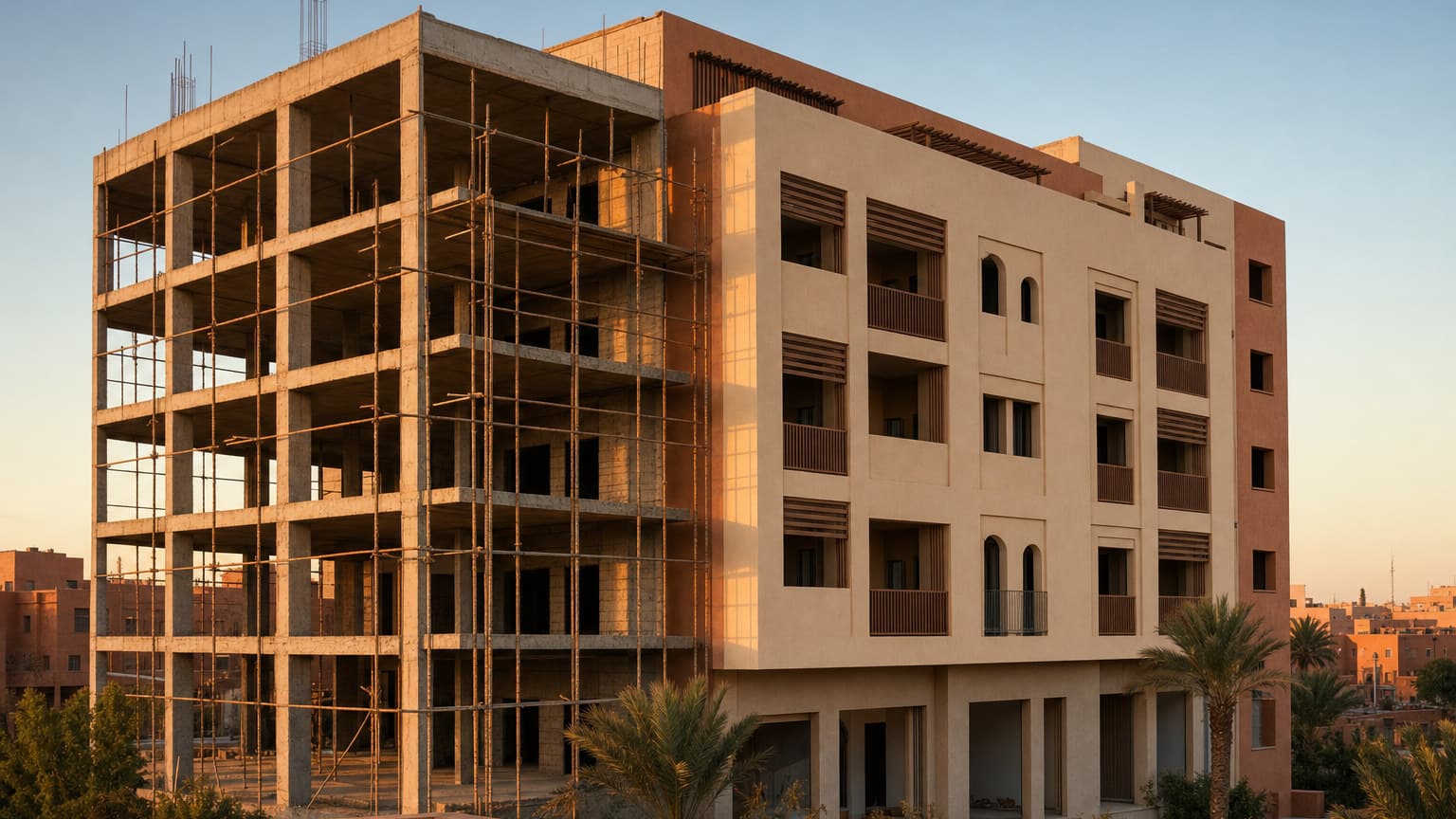 A part-built concrete apartment block with scaffolding against a warm evening sky in Morocco