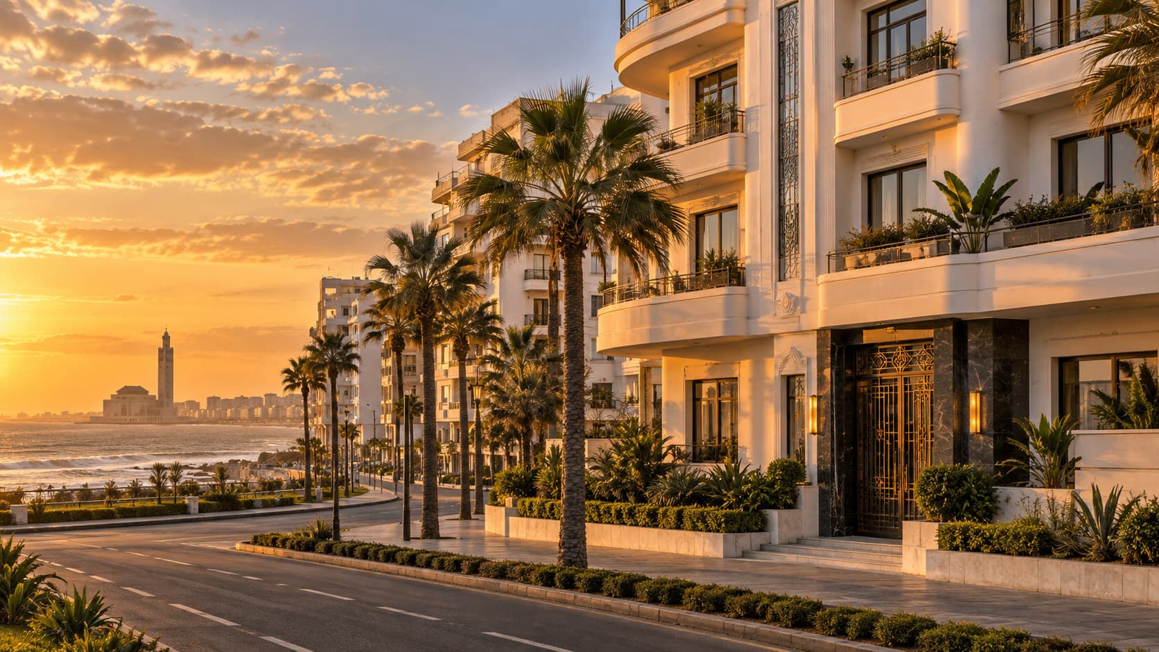 A modern Casablanca apartment building at golden hour with an Atlantic corniche and palm trees in the foreground