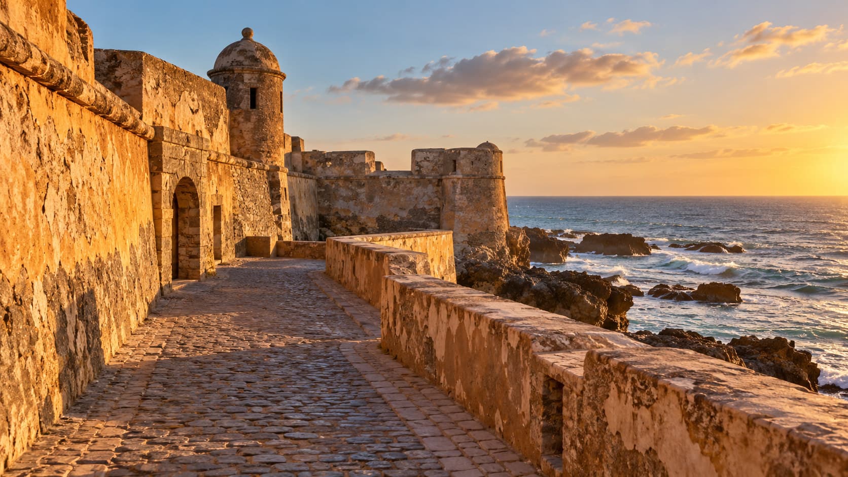 The Portuguese cistern and stone ramparts of Mazagan's old fortress in El Jadida in warm afternoon light