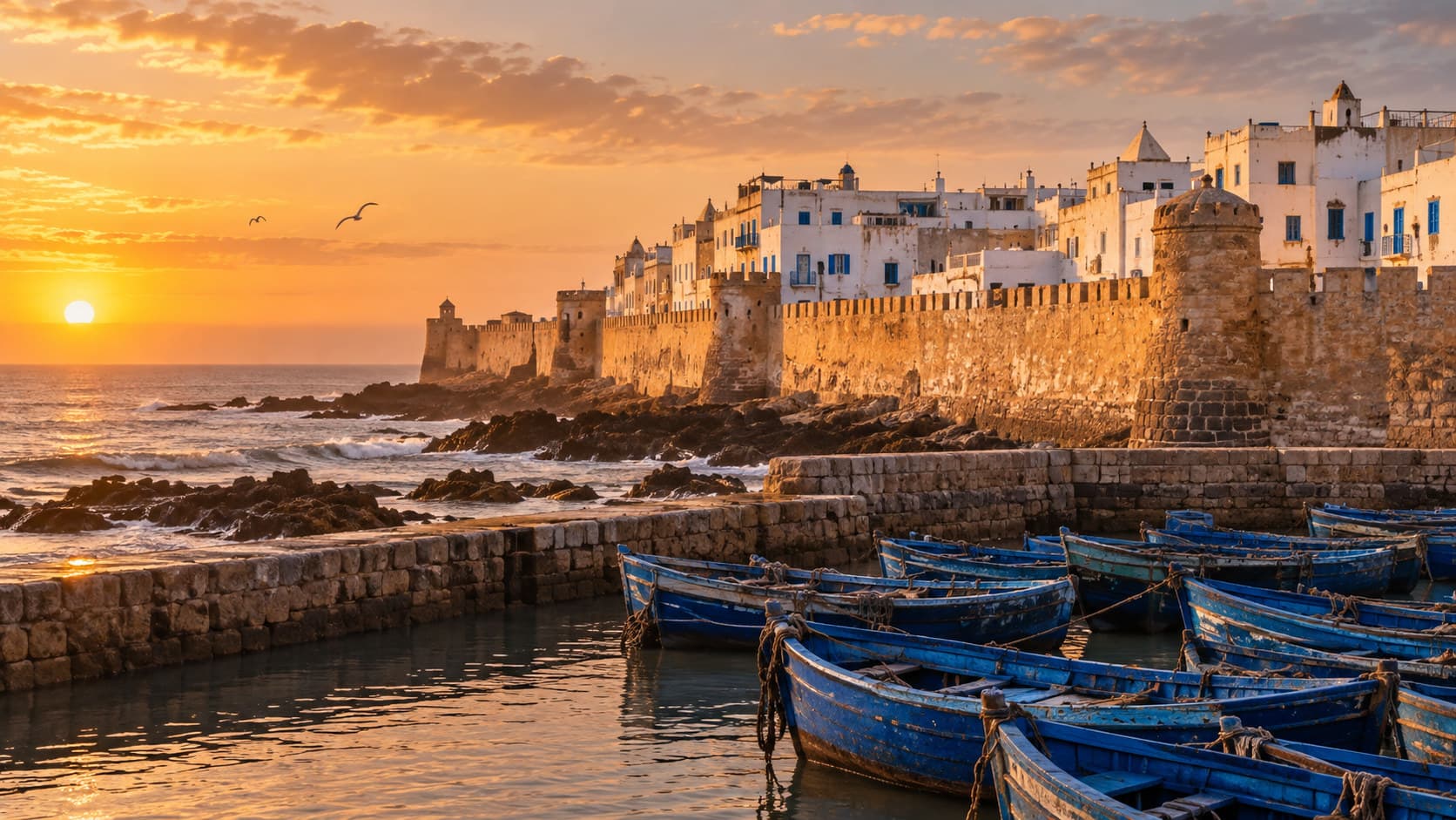 Whitewashed ramparts and blue wooden fishing boats in Essaouira's harbour in warm evening light