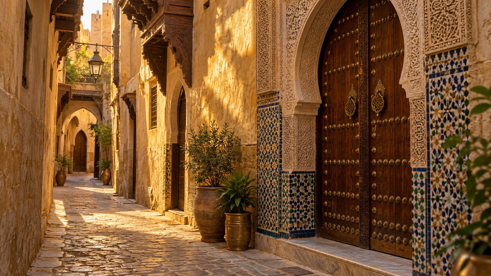 Golden-hour view of a narrow stone alley in the Fes medina lined with carved wooden doors and traditional zellige tilework
