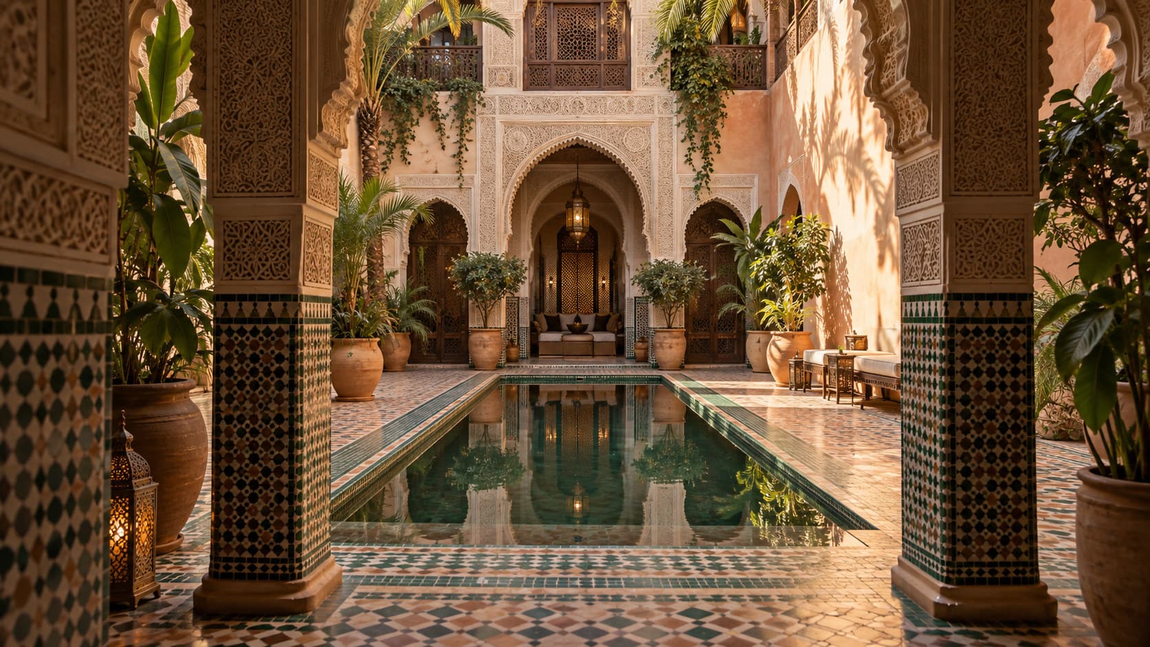 A sunlit riad courtyard in the Marrakech medina with zellige tilework and a carved wooden door