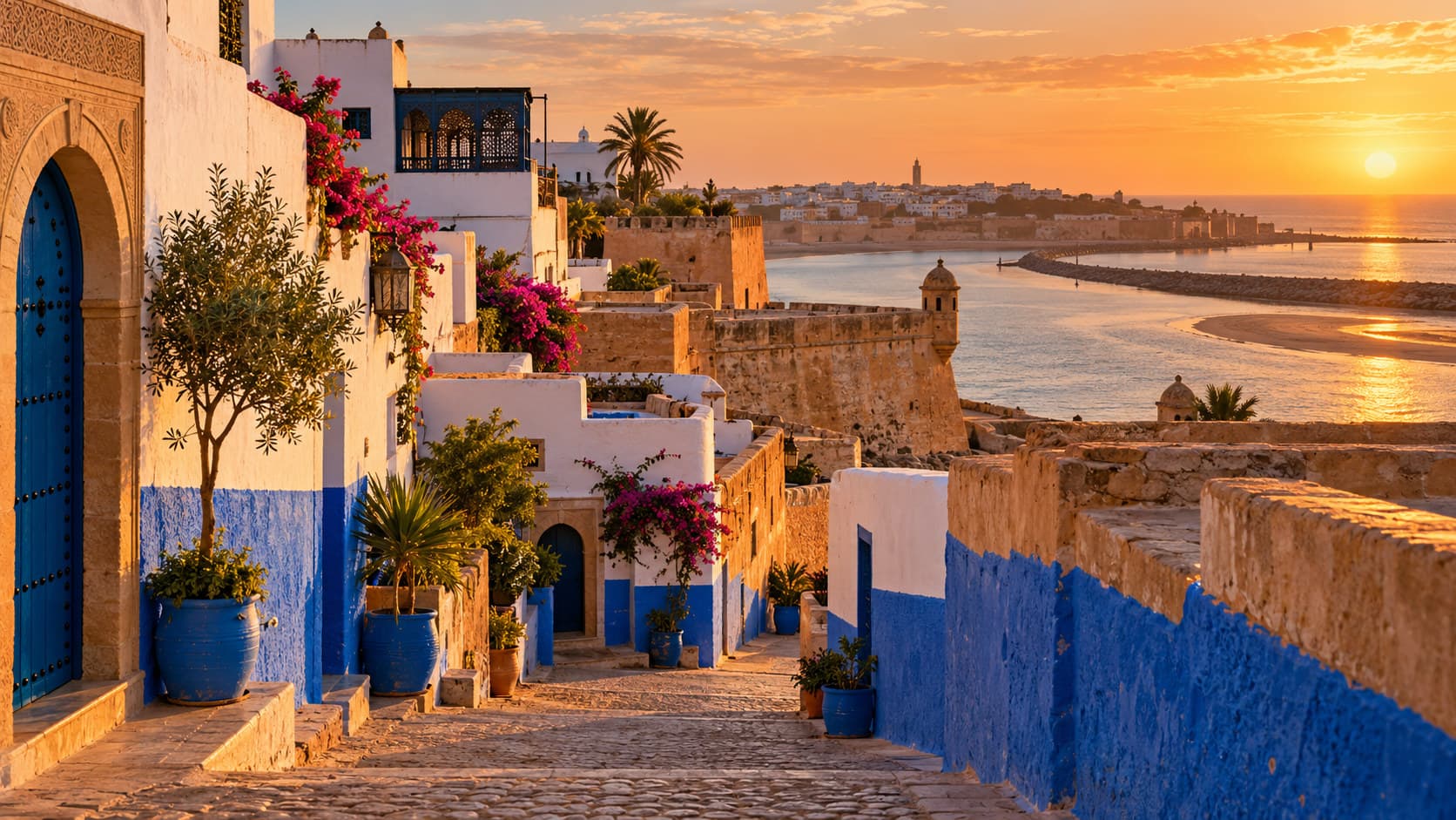 The blue and white lanes of the Kasbah of the Oudayas in Rabat overlooking the Atlantic river mouth at golden hour