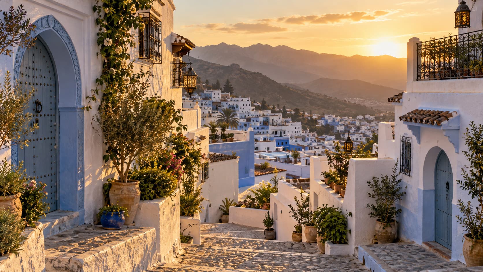 Warm evening light over the whitewashed medina of Tetouan with the Rif mountains rising behind the old town walls