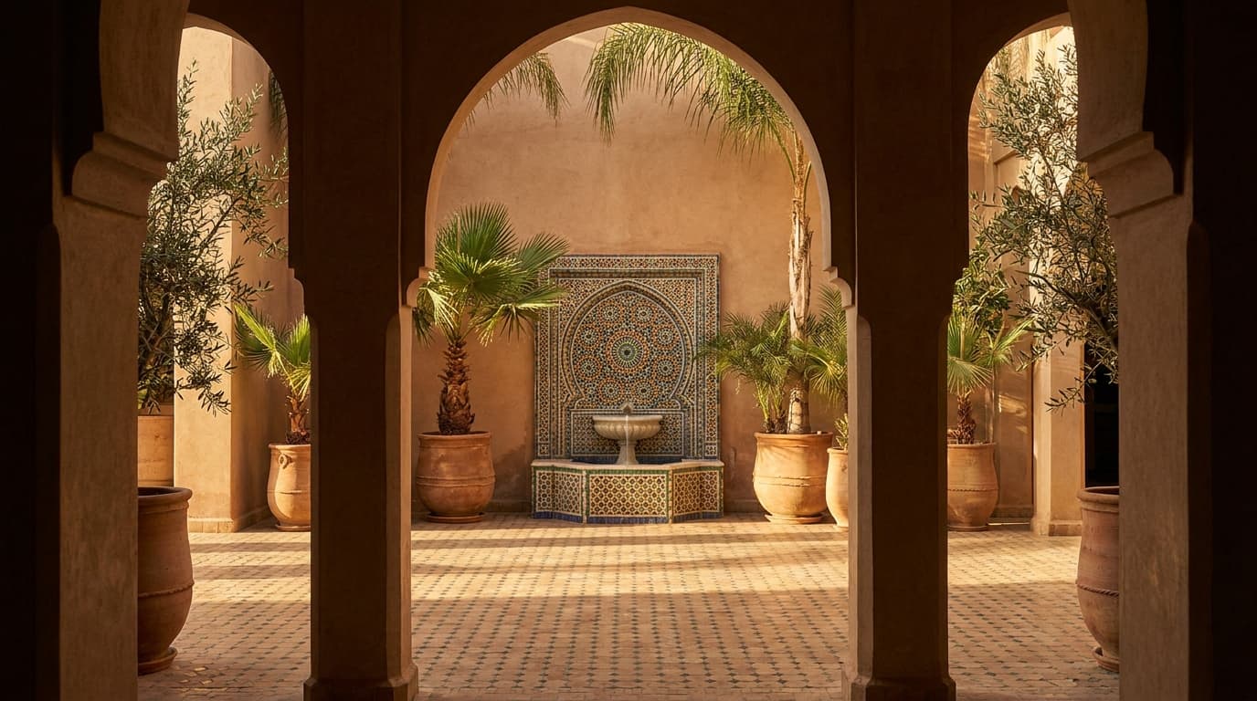 A traditional Moroccan riad courtyard with a tiled fountain and warm afternoon light