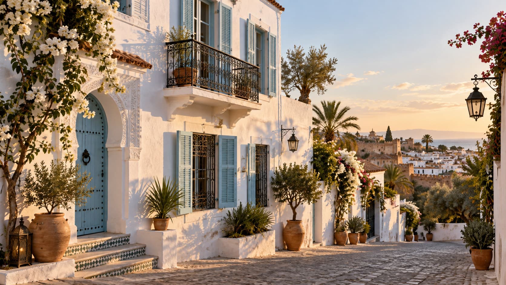 Whitewashed Moroccan townhouse with pale blue shutters and a wrought-iron balcony in warm afternoon light