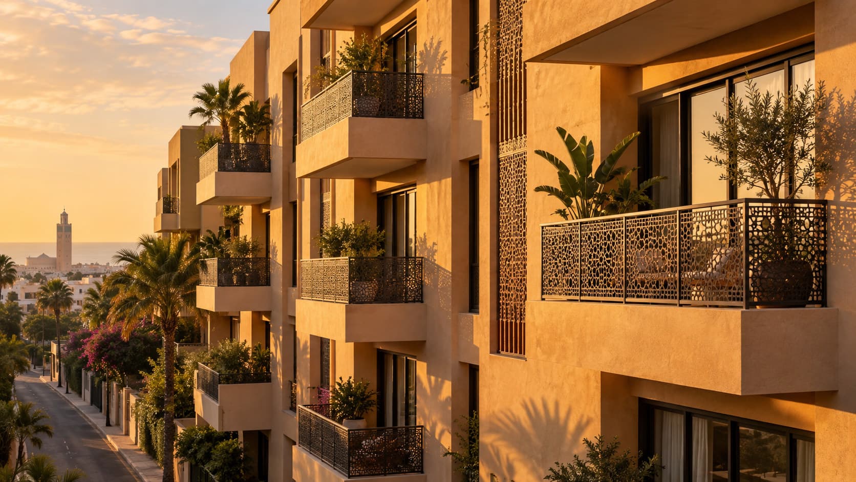 Modern apartment balconies on a Casablanca residential building in warm late-afternoon light