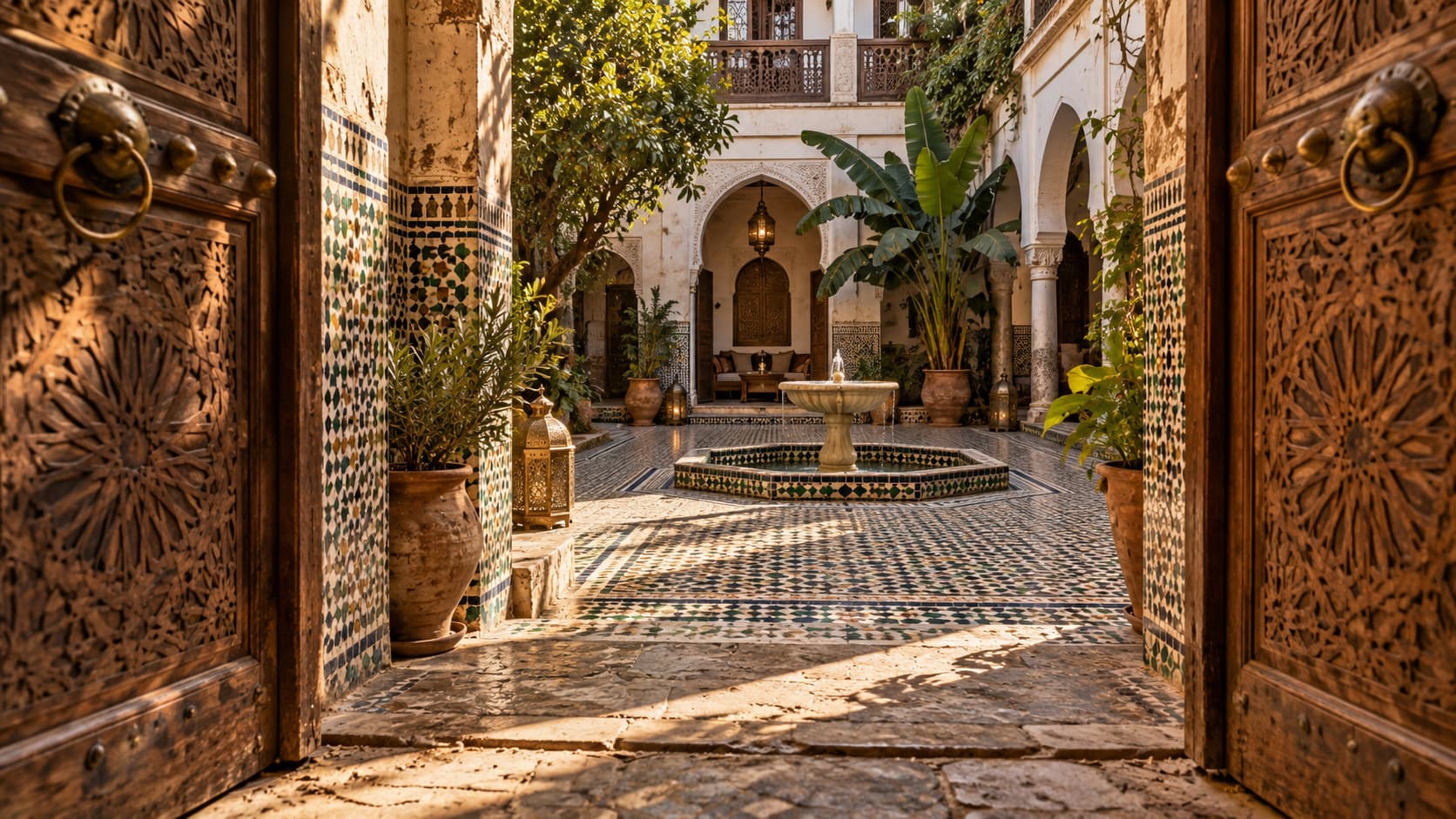 Close-up of an aged wooden door and traditional tiled entrance of a Moroccan house in warm afternoon light
