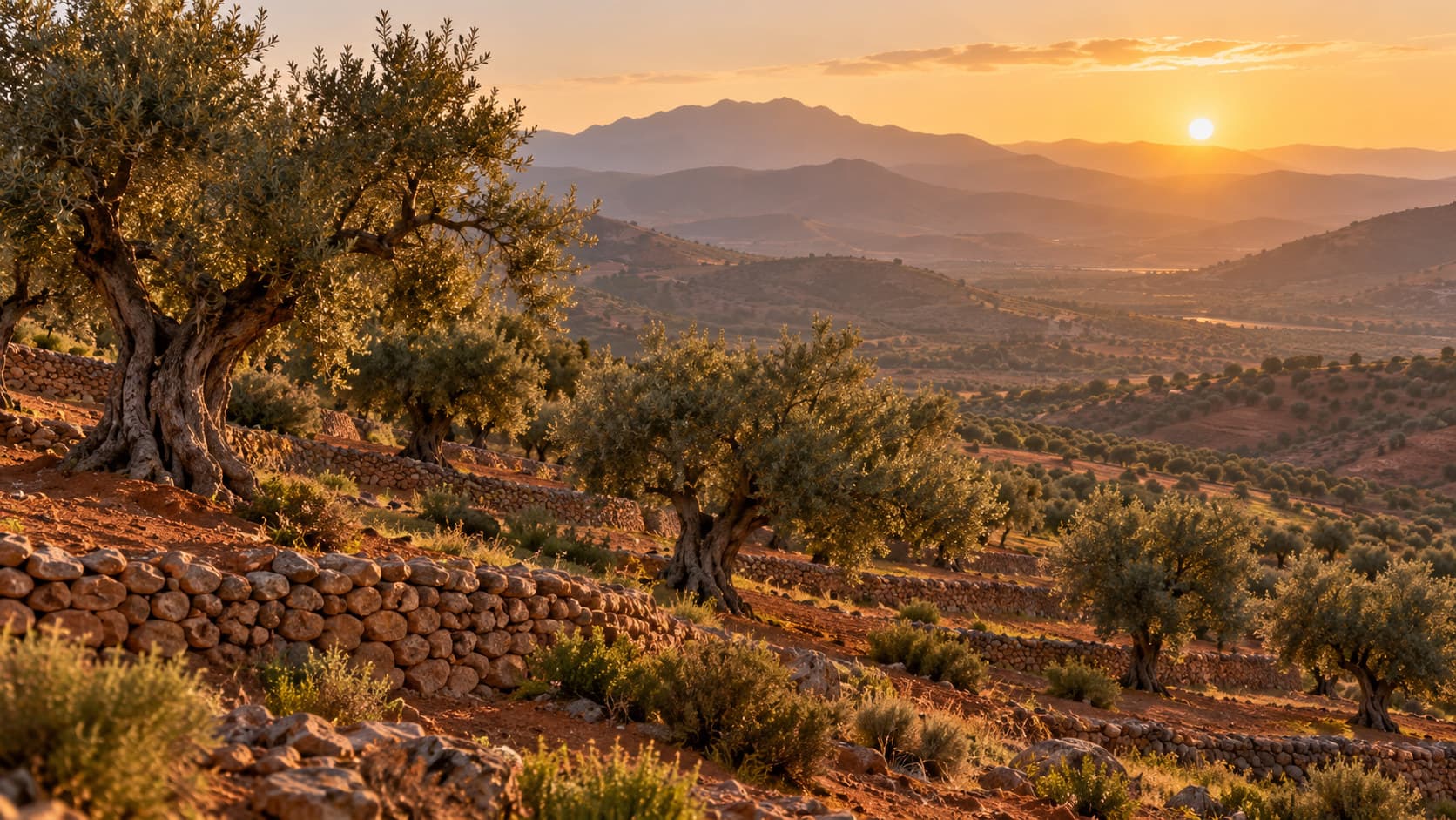 Terraced olive groves on a red-earth Moroccan hillside at golden hour, with a low stone boundary wall and hills in the distance