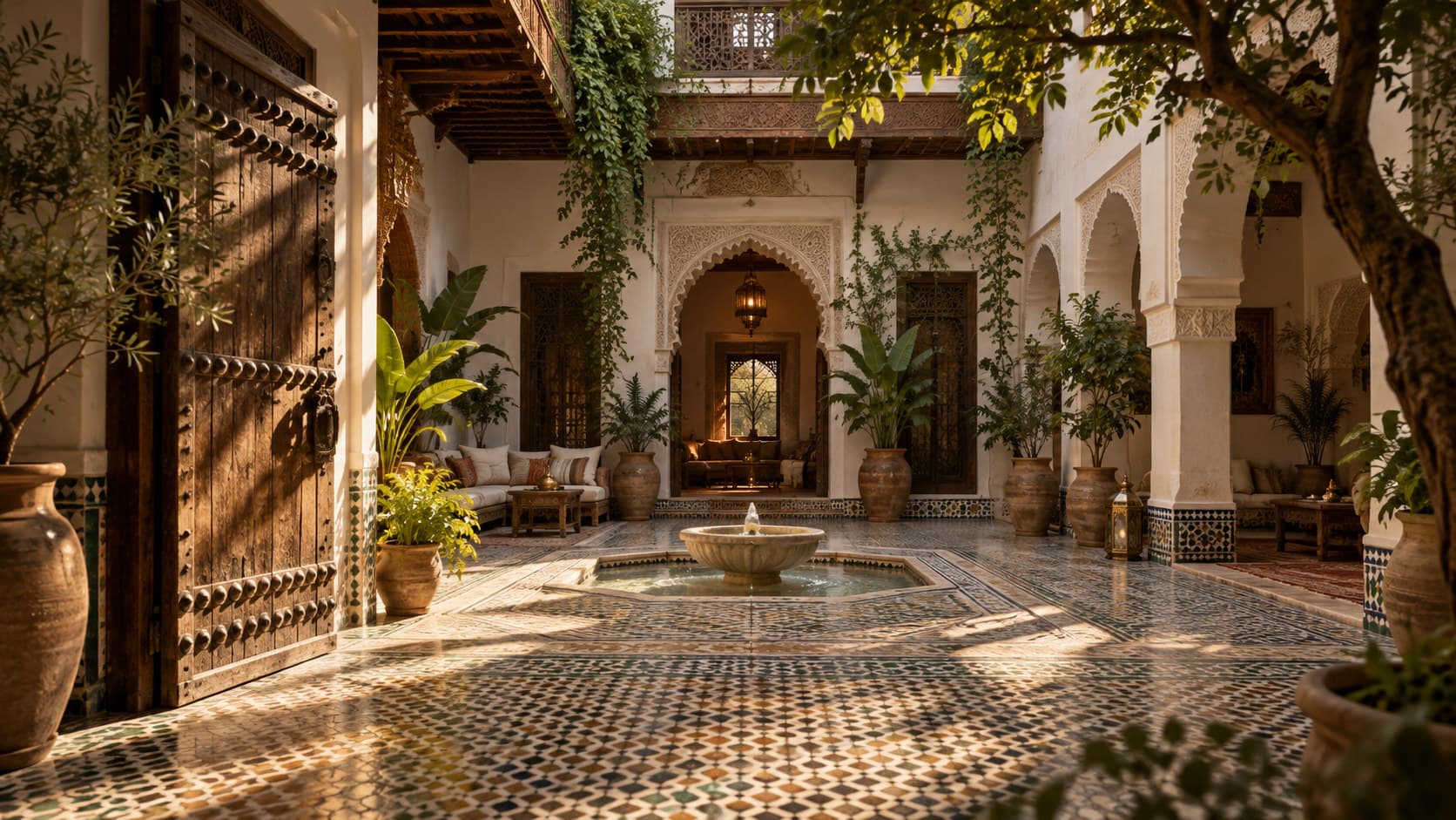 Warm afternoon light across a traditional Moroccan courtyard house with carved plaster arches and a tiled floor
