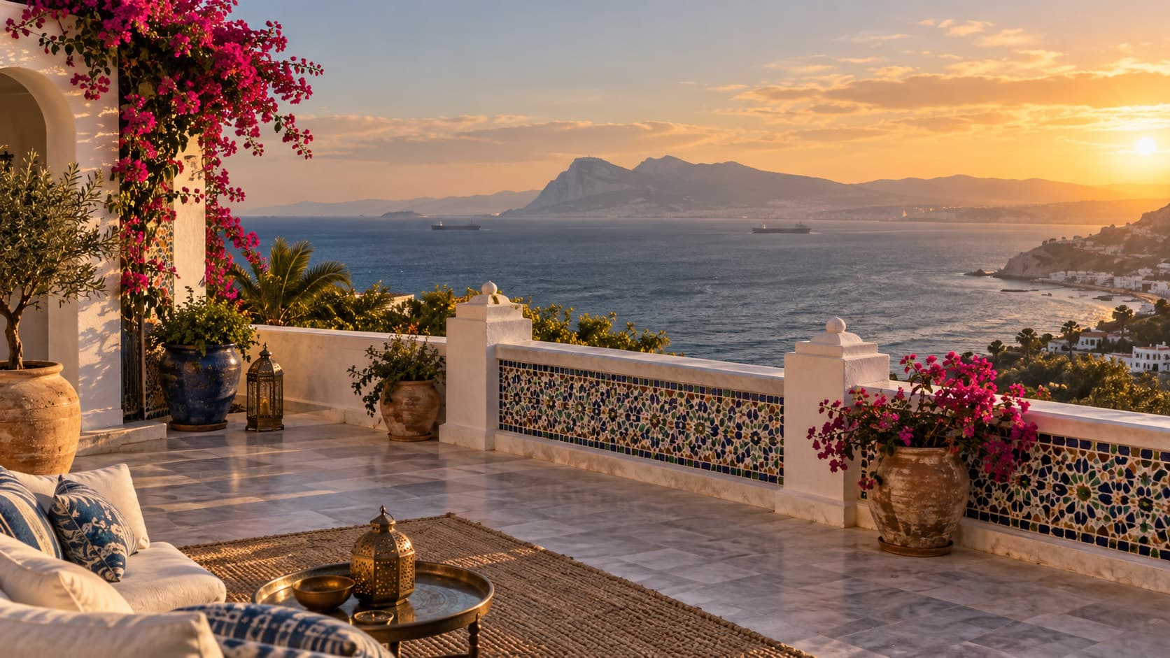 Whitewashed terrace on the northern Moroccan coast overlooking the Strait of Gibraltar at golden hour