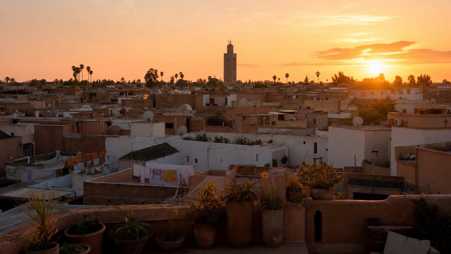 Warm evening light over a Moroccan medina rooftop with satellite dishes and a distant minaret against the sky