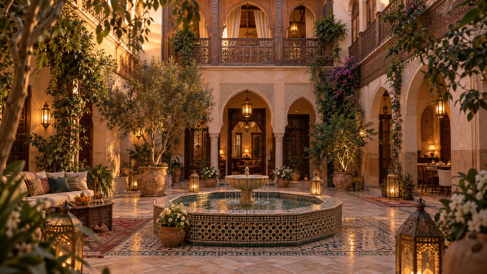 A Moroccan riad courtyard at golden hour with a zellige-tiled fountain and carved cedarwood balconies
