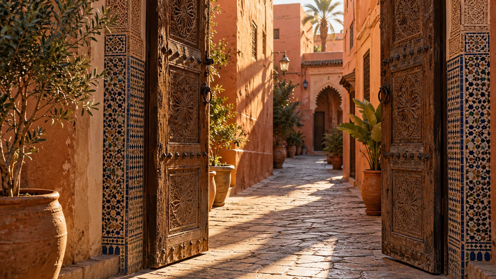 Two weathered carved wooden doors standing ajar in a sunlit Moroccan medina alley, ochre walls and zellige tile detail, warm late afternoon light