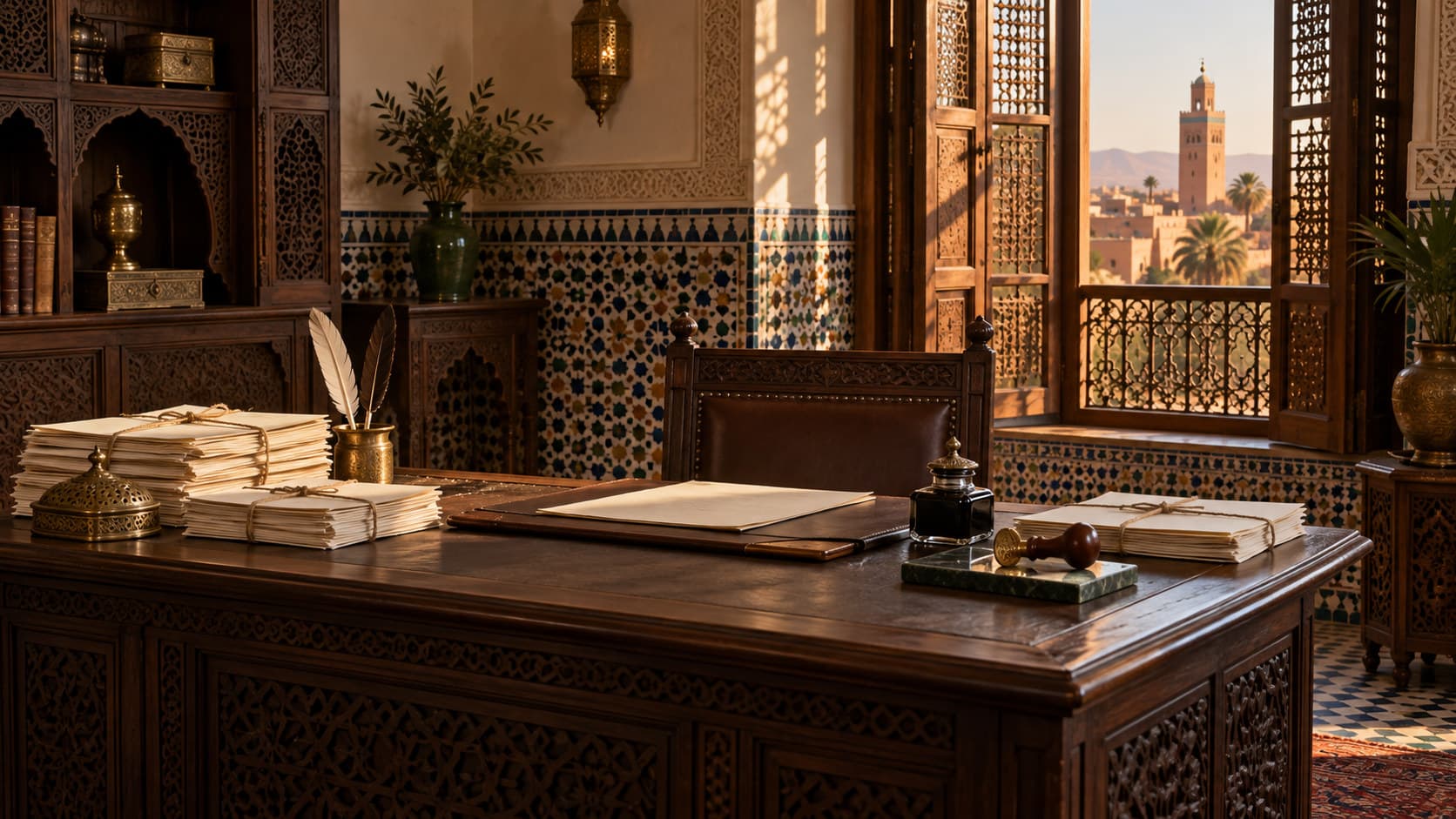 Traditional Moroccan office interior with a dark wood desk, stacked documents and warm afternoon light through carved shutters