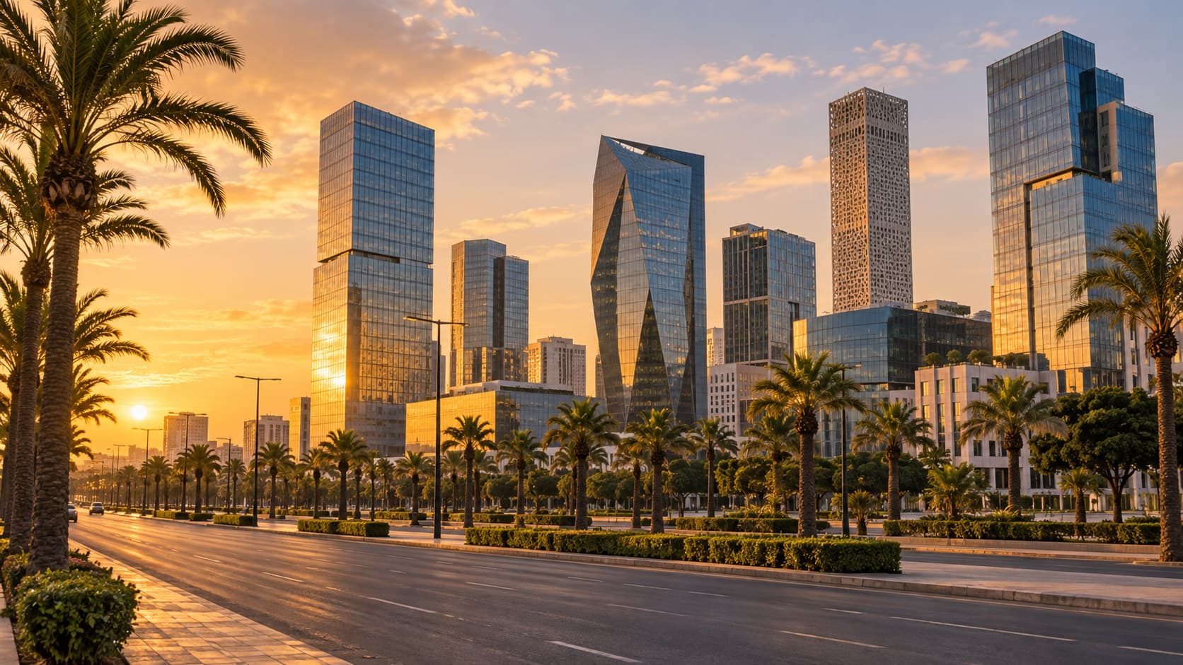 Casablanca's business district skyline of glass office towers catching warm late afternoon light above a wide palm-lined boulevard