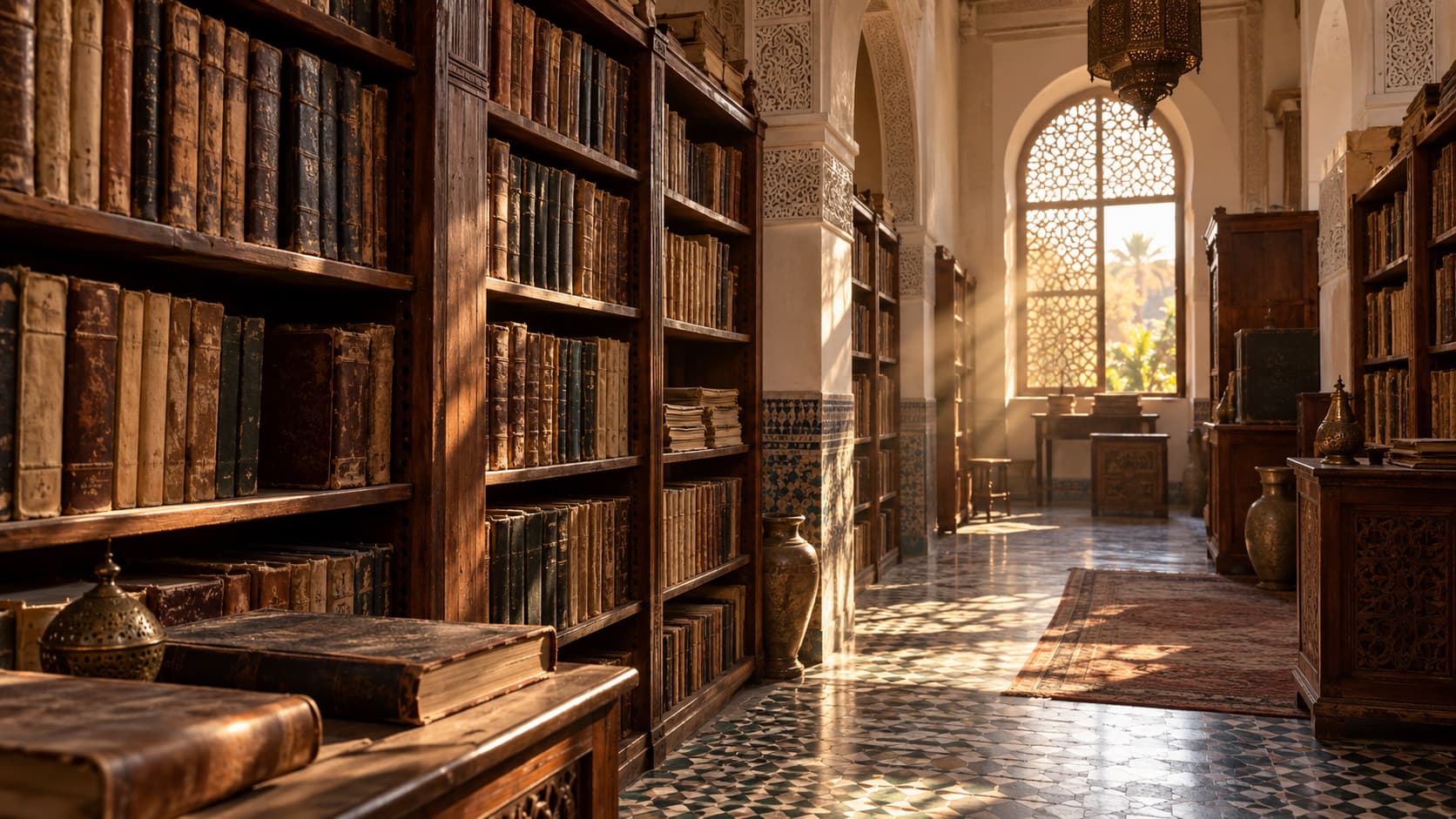 Rows of old leather-bound ledgers and registers on wooden shelves in a Moroccan archive room, warm afternoon light through a high window