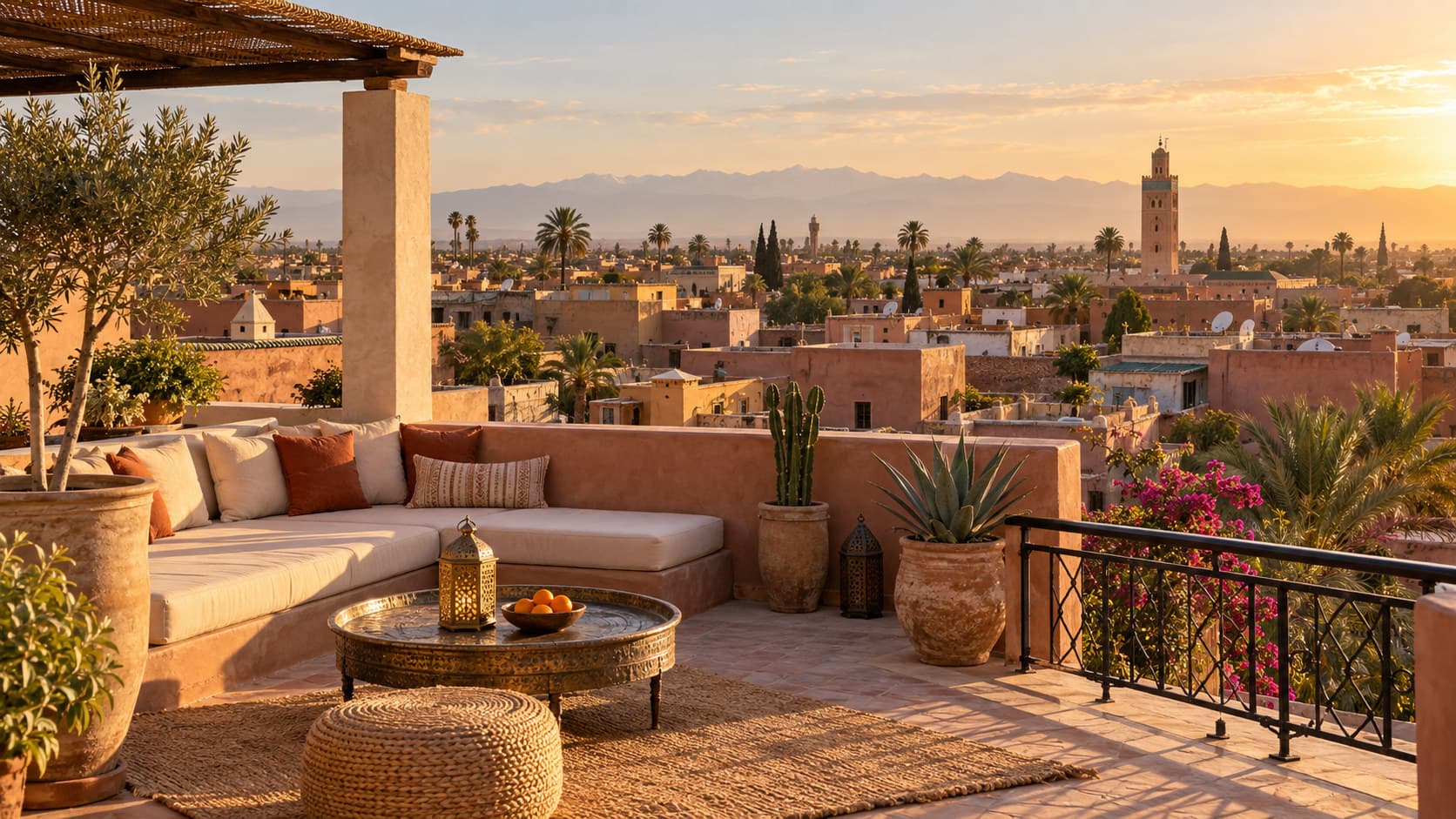 Sunlit rooftop terrace of a Moroccan townhouse looking out over terracotta rooftops of a quiet residential neighbourhood