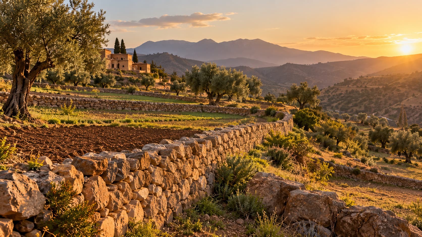 A low stone boundary wall dividing sunlit terraced plots of land in the Moroccan countryside, warm late-afternoon light