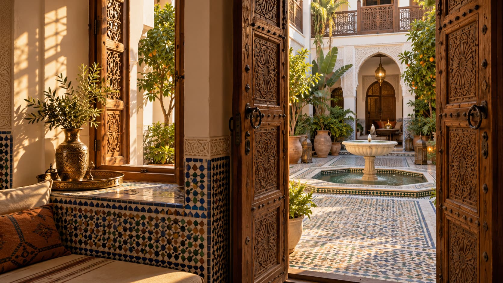 A traditional Moroccan riad courtyard with zellige tiles and a central fountain, seen through an open wooden door from a sunlit tiled room, warm afternoon light