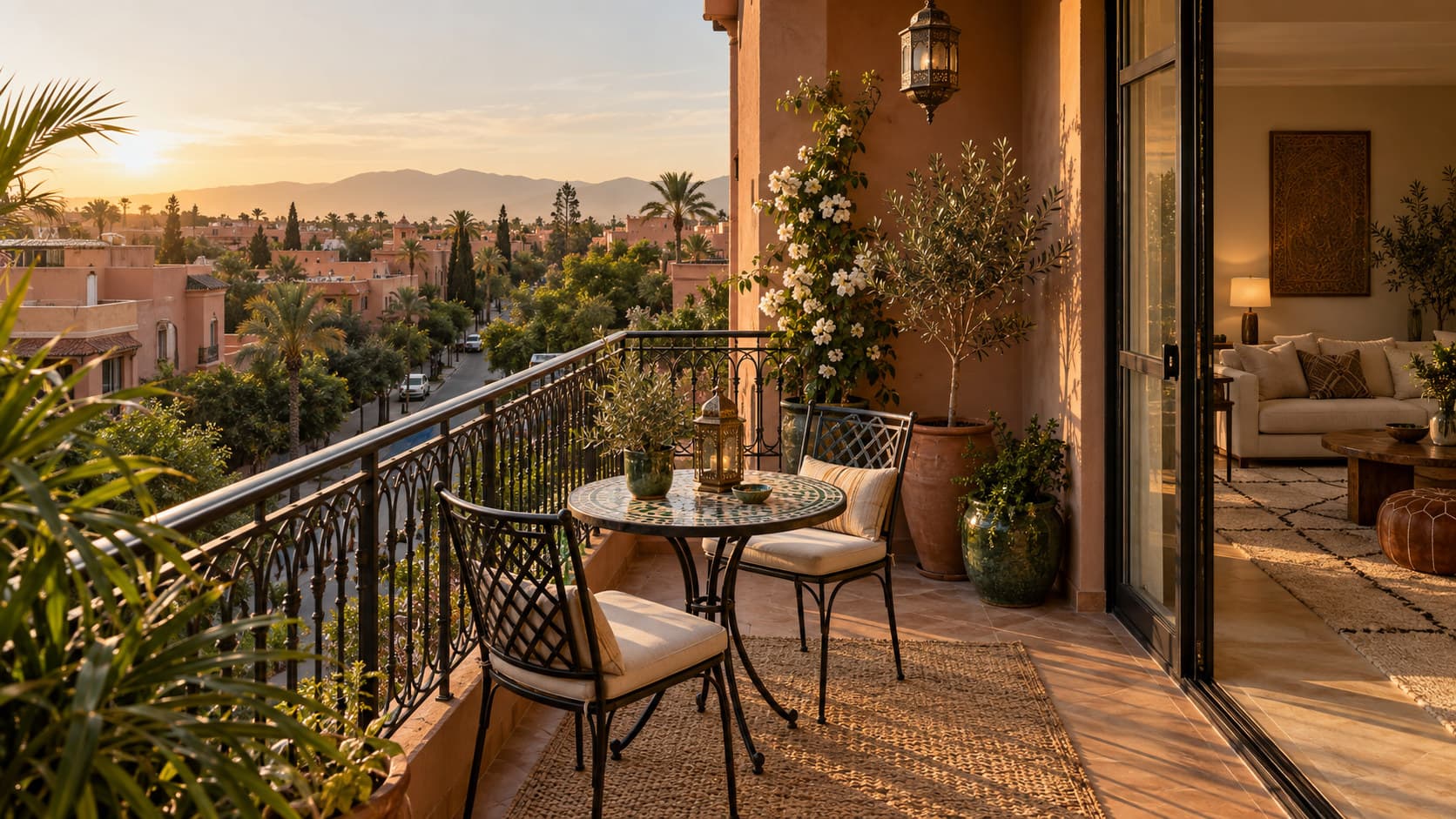 Sunlit balcony of a furnished Moroccan apartment with a wrought-iron railing overlooking a quiet tree-lined street