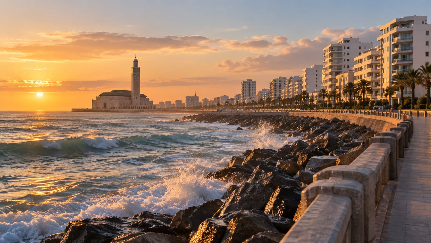 Casablanca's Corniche coastline at golden hour with waves against the seawall and buildings along the boulevard
