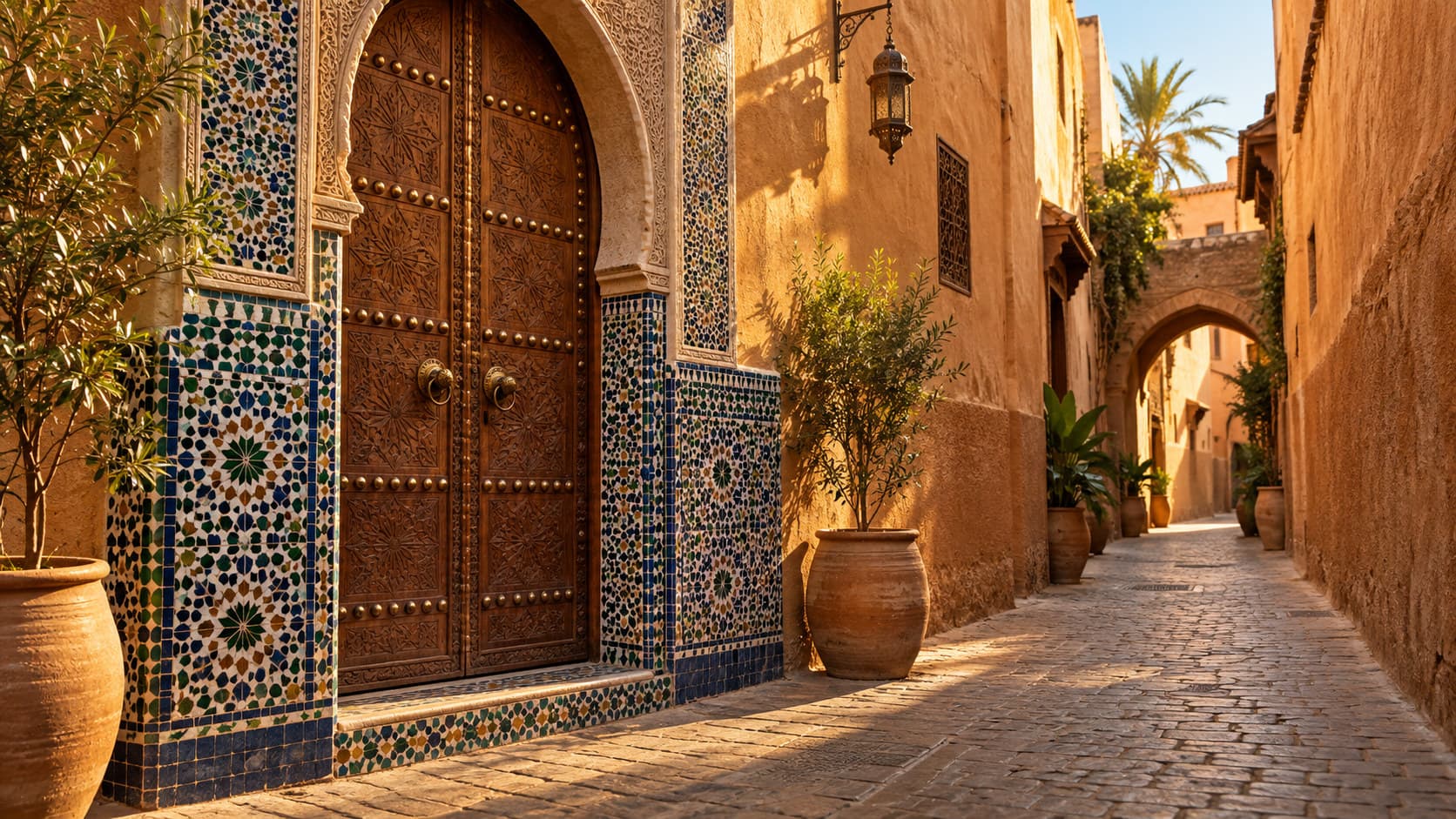 A carved wooden door and zellige tilework at the entrance of a traditional riad in a sunlit Moroccan medina alley