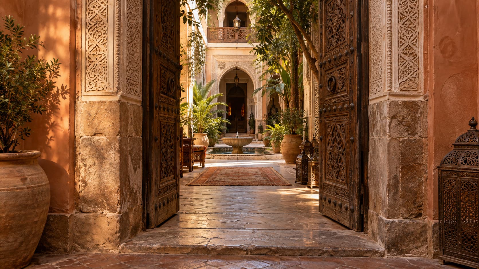 A weathered stone and carved plaster doorway in an old Moroccan medina courtyard, warm afternoon light