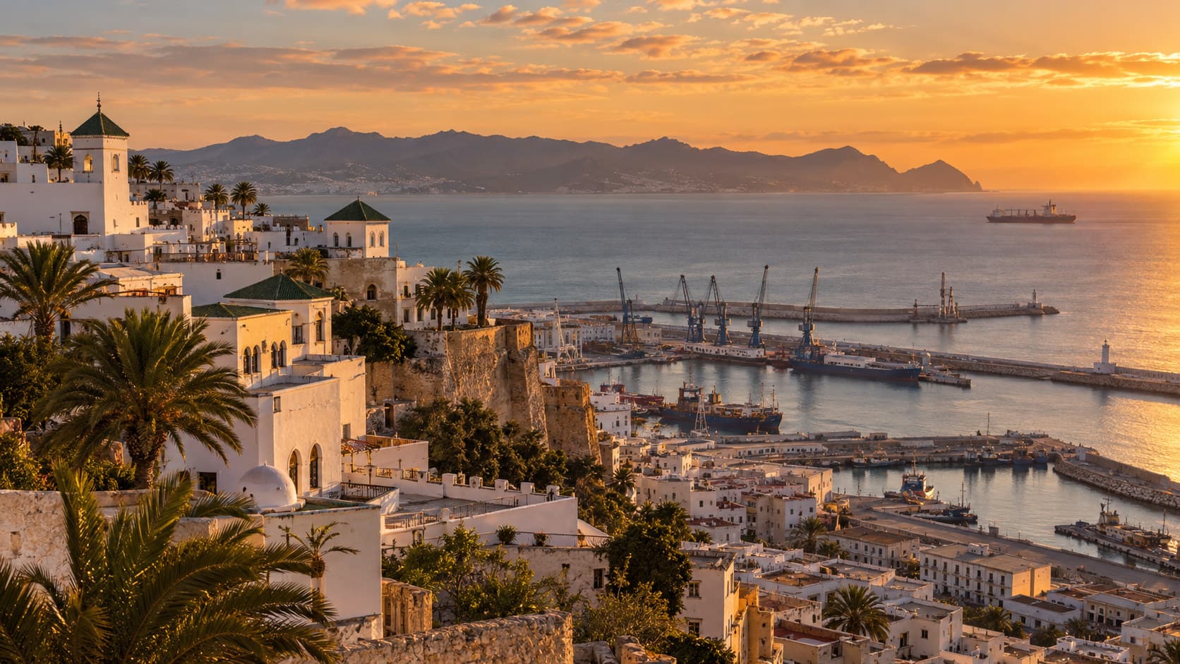 The Strait of Gibraltar coastline at Tangier at golden hour, a whitewashed hillside town above the port with a calm sea and a distant ship, no people or text